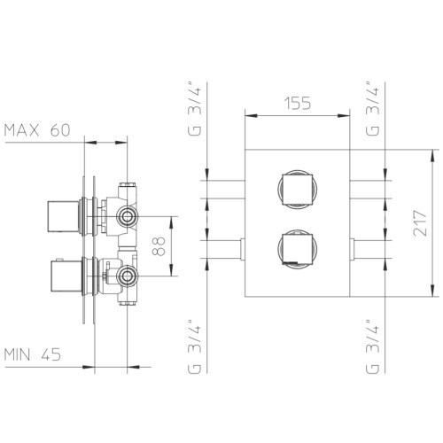 412503XX Palazzani внешняя часть для встроенного термостатического смесителя для душа на 2-3 потребителя, 3/4" - фото 10952