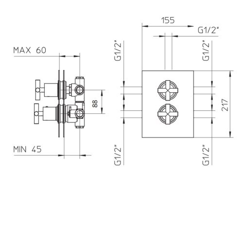 622502XX Palazzani внешняя часть термостатического смесителя для душа на 2-3 потребителя, 1/2" - фото 11035